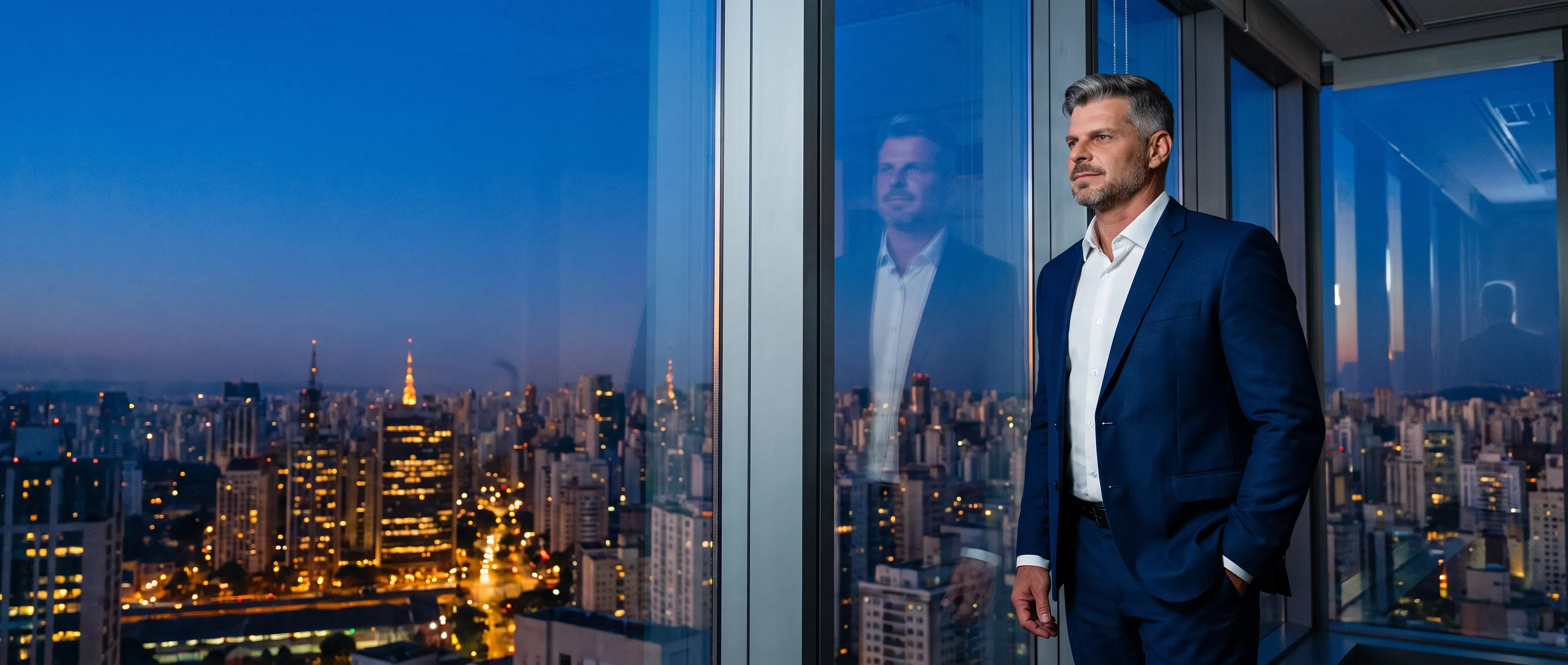 Léo Buso observa a cidade de São Paulo ao entardecer, do alto de um escritório